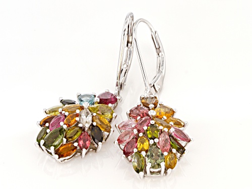 1.99ctw Marquise and 1.36ctw Pear Shape Multi-Tourmaline Rhodium Over Silver Cluster Earrings