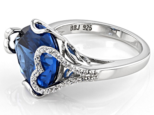 7.76ct Pear Shape Lab Created Blue Spinel and .21ctw White Zircon Rhodium Over Silver Ring - Size 8