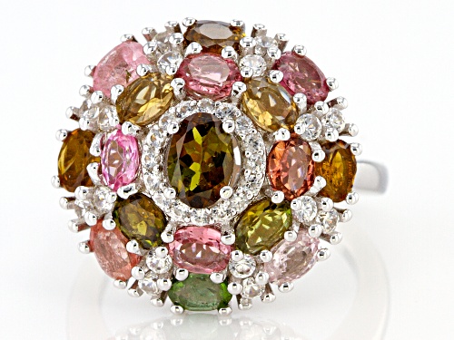 2.69ctw Oval Multi-Tourmaline with .73ctw Round White Zircon Rhodium Over Sterling Silver Ring - Size 8