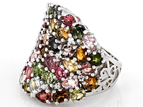5.43ctw Mixed Shape Multi-Tourmaline and .32ctw Zircon Rhodium Over Sterling Silver Saddle Ring - Size 7