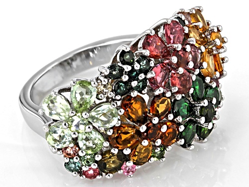 3.25ctw Pear Shape and .90ctw Round Multi-Tourmaline Rhodium Over Sterling Silver Ring - Size 7