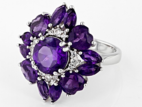 5.80CTW MIXED SHAPES AFRICAN AMETHYST WITH .28CTW WHITE ZIRCON RHODIUM OVER STERLING SILVER RING - Size 7
