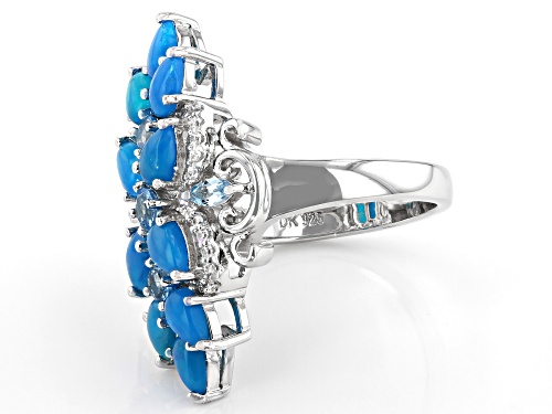 1.11ctw Pear Paraiba Blue Color Opal, .46ctw Blue Topaz, .22ctw White Zircon Rhodium Silver Ring - Size 7