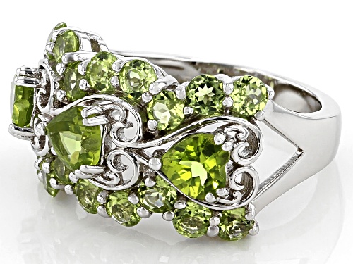 3.25ctw Heart Shape and Round Manchurian Peridot™ Rhodium Over Sterling Silver Band Ring - Size 7