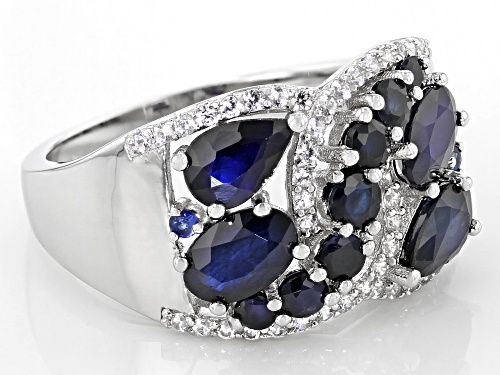 2.45ctw Mixed Shape Blue Sapphire and .19ctw Zircon Rhodium Over Sterling Silver Cluster Band Ring - Size 8