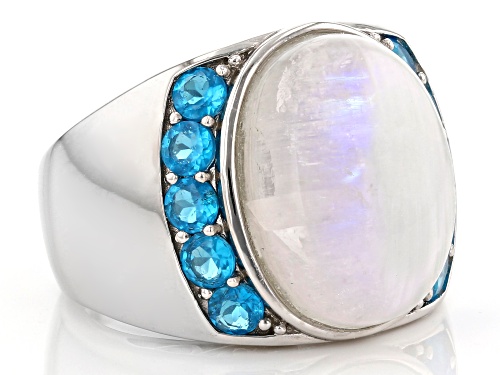 16x12mm Oval Cabochon Rainbow Moonstone and 1.02ctw Neon Apatite Rhodium Over Silver Ring - Size 8