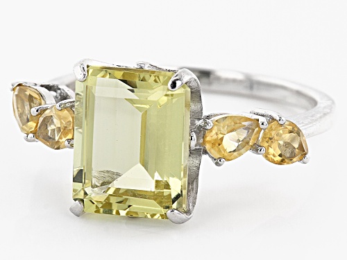 3.16ct Emerald Cut Apatite with .44ctw Pear Shape Citrine Rhodium Over Silver Ring - Size 7