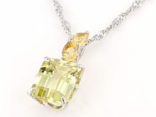3.16ct Emerald Cut Yellow Apatite and .22ctw Citrine Rhodium Over Silver Pendant With Chain
