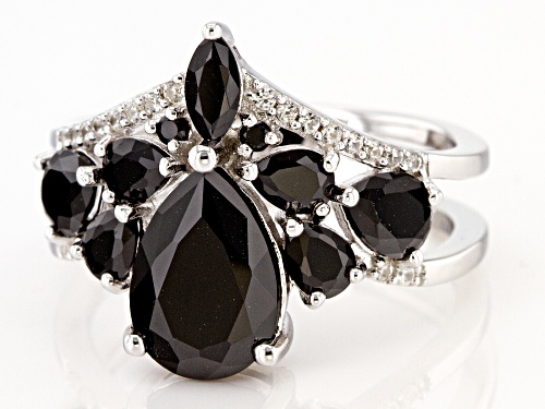 2.97ctw Mixed Shape Black Spinel and .09ctw Zircon Rhodium Over Sterling Silver Chevron Ring - Size 6