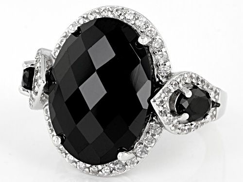 14.91CTW BLACK SPINEL WITH 1.09CTW WHITE ZIRCON RHODIUM OVER STERLING SILVER RING - Size 7