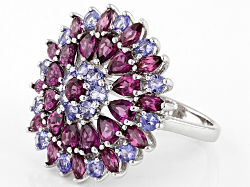 3.38ctw Raspberry Color Rhodolite With 1.01ctw Round Tanzanite Rhodium Over Sterling Silver Ring. - Size 7