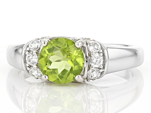 1.52ct Round Manchurian peridot™ with .28ctw round white zircon rhodium over sterling silver ring - Size 10