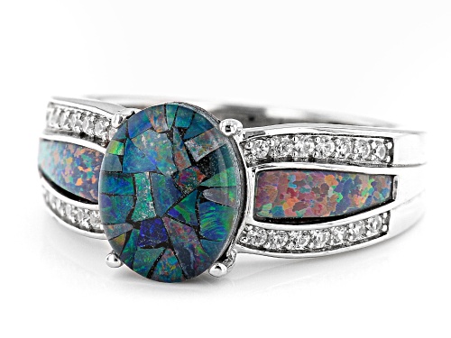 10X8mm Mosaic Opal Triplet, 5x4mm Lab Blue Opal, & .25ctw White Zircon Rhodium Over Silver Ring - Size 7