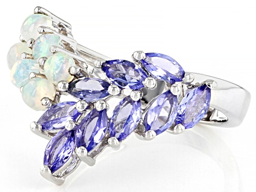 1.26ctw Marquise Tanzanite And 0.50ctw Round Ethiopian Opal Rhodium Over Sterling Silver Ring - Size 7