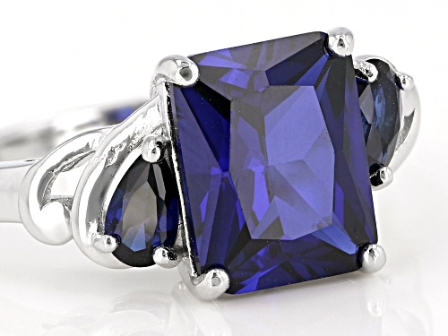 2.58ct Octagon and .43ctw Pear Shaped Lab Created Blue Sapphire Rhodium Over Sterling Silver Ring - Size 7
