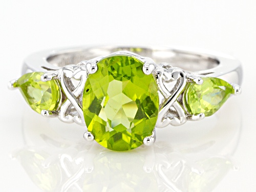 1.62ct Oval And 0.77ctw Pear shape Manchurian Peridot(TM) Rhodium Over Sterling Silver 3-Stone Ring - Size 7