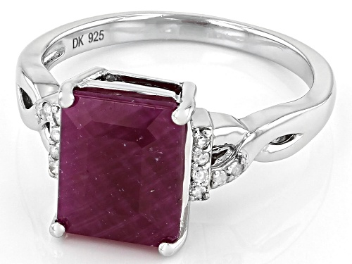 3.68ct Rectangular Octagonal India Ruby And 0.05ctw White Diamond Accent Rhodium Over Silver Ring - Size 8