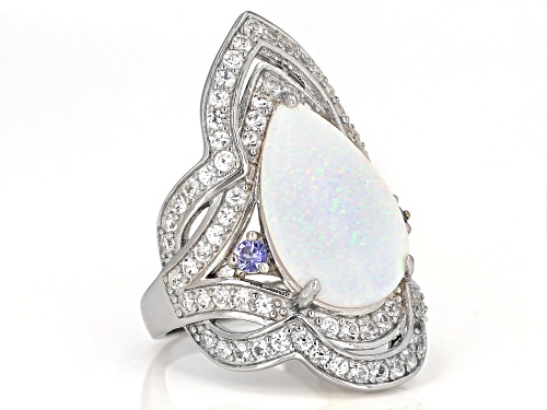17X12mm Pear Lab Opal, .13ctw Tanzanite, 1.70ctw Lab White Sapphire Rhodium Over Silver Ring - Size 6