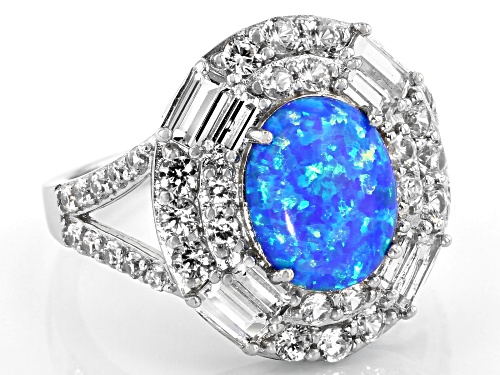 10x8mm Blue Lab Opal, 0.96ctw White Zircon, and 0.52ctw White Topaz Rhodium Over Silver Ring - Size 8