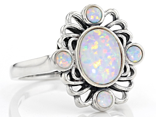 10x8mm Oval and 3mm Round Lab Created White Opal Rhodium Over Sterling Silver Ring - Size 8