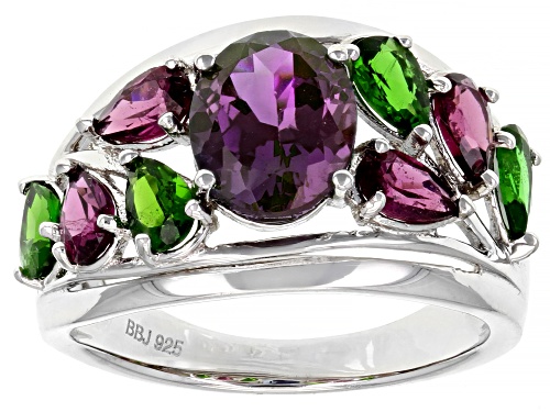 1.83ct Lab Created Alexandrite, 0.97ctw Rhodolite, 0.75ctw Chrome Diopside Rhodium Over Silver Ring - Size 9