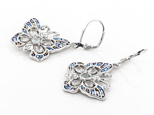 Mother-of-Pearl With 1.70ctw White Topaz and Sky Blue Topaz Rhodium Over Silver Butterfly Earrings