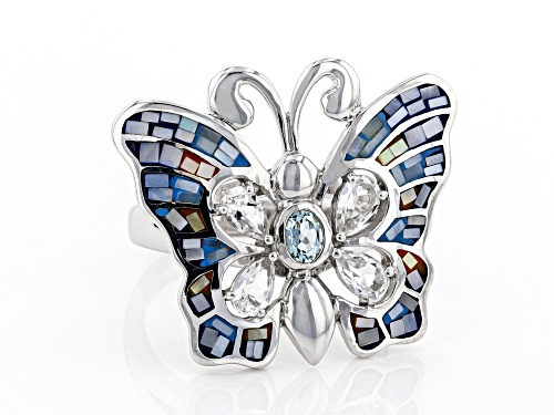 Mother of Pearl With 1.02ctw White Topaz & Sky Blue Topaz Rhodium Over Silver Butterfly Ring - Size 8