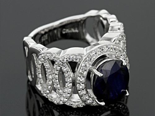 3.74ct Oval Blue Sapphire With 1.01ctw Mixed Round White Zircon Sterling Silver Ring - Size 5
