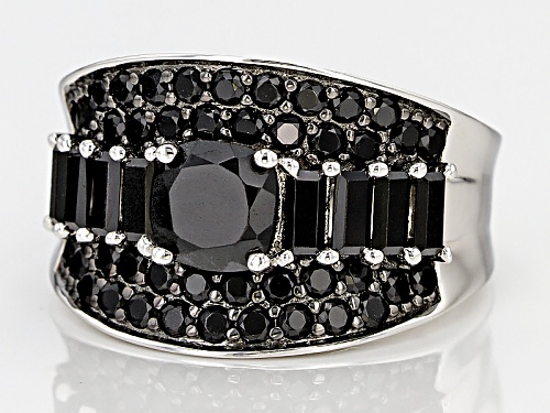2.94ctw Square Cushion, Baguette And Round Black Spinel Sterling Silver Ring - Size 7