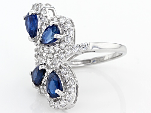1.97ctw Pear Shape Nepalese Kyanite With 1.12ctw Round White Zircon Silver 4-Stone Bypass Ring - Size 6