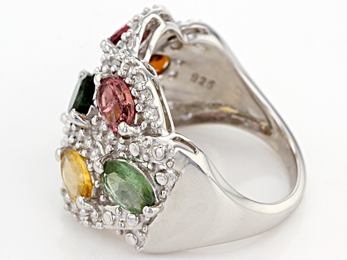 3.22ctw Oval Multi- Tourmaline With .92ctw Round White Zircon Rhodium Over Sterling Silver Ring - Size 7