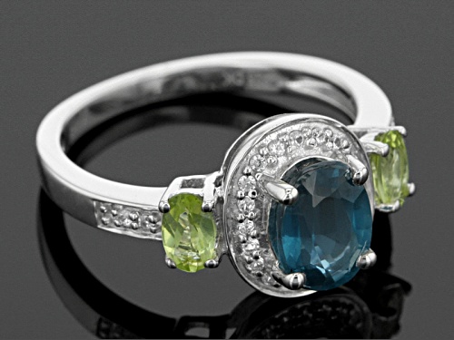 1.35ct Teal Chromium Kyanite With .38ctw Manchurian Peridot™ And .17ctw White Zircon Silver Ring - Size 8