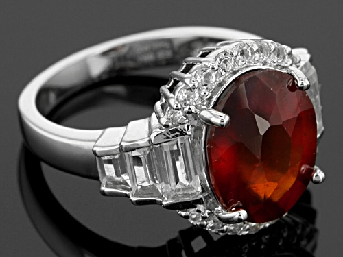 3.78ct Oval Hessonite Garnet And 1.08ctw Round And Baguette White Topaz Sterling Silver Ring - Size 8