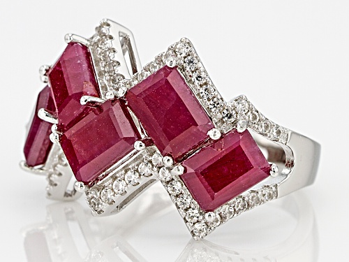 6.12ctw Emerald Cut Indian Ruby And .49ct Round White Zircon Sterling Silver 5-Stone Ring - Size 7
