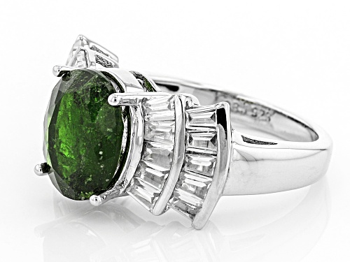 3.72ct Oval Russian Chrome Diopside With 2.00ctw Tapered Baguette White Zircon Sterling Silver Ring - Size 12
