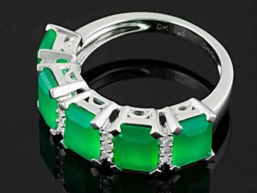7x5mm Emerald Cut Green Onyx And .23ctw Round White Zircon Sterling Silver 5-Stone Band Ring - Size 7
