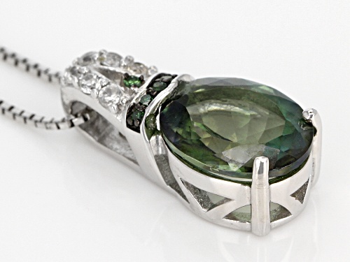 2.07ctw Green Labradorite, White Zircon And 2 Green Diamond Accent Silver Pendant With Chain