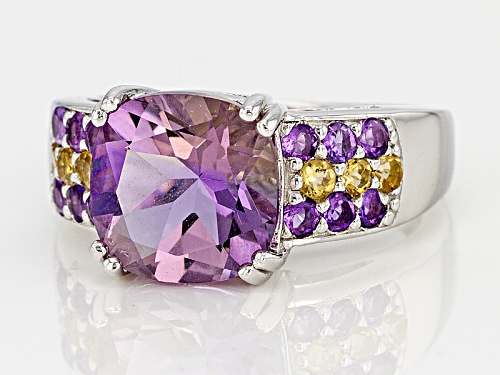 3.65ct Square Cushion Ametrine With .39ctw Round Amethyst And .22ctw Round Citrine Silver Ring - Size 5