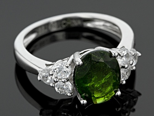 2.70ct Oval Russian Chrome Diopside With .87ctw Round White Zircon Sterling Silver Ring - Size 12