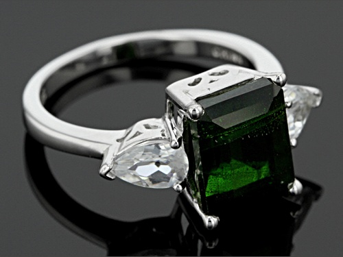 3.43ct Emerald Cut Russian Chrome Diopside With 1.40ctw Pear Shape White Zircon Sterling Silver Ring - Size 4