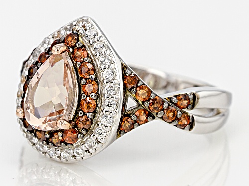 1.69ctw Pear Shape Morganite And Round White And Brown Zircon Sterling Silver Ring - Size 8