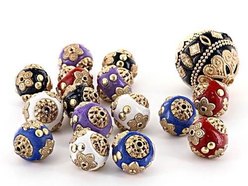 Enamel Flower Texture Round Beads in Gold Tone in Assorted Colors 16 Pieces Total
