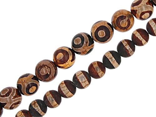 DZI Inspired Agate Round And Cylinder Bead Strand Set of 3 appx 13-16