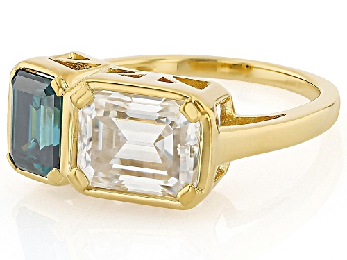 MOISSANITE FIRE® AND GREEN MOISSANITE 3.53CTW DEW EMERALD CUT 14K YELLOW GOLD OVER SILVER RING - Size 6