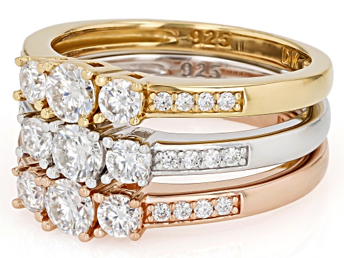 MOISSANITE FIRE® 1.53CTW DEW PLATINEVE® AND 14K YELLOW AND ROSE GOLD OVER SILVER SET OF 3 RINGS - Size 6