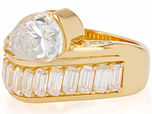 MOISSANITE FIRE® 3.27CTW DEW PEAR AND BAGUETTE AND ROUND 14K YELLOW GOLD OVER SILVER RING - Size 7
