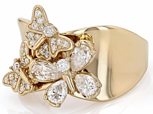 Moissanite Fire® 1.17ctw DEW Pear and Round 14k Yellow Gold Over Sterling Silver Ring - Size 8