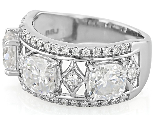 Moissanite Fire® 3.76ctw DEW Square Cushion and Round Platineve® Ring - Size 7