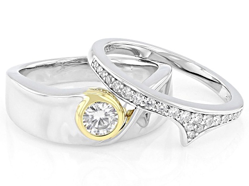 MOISSANITE FIRE® 0.64CTW DEW ROUND PLATINEVE® AND 14K YELLOW GOLD OVER SILVER RING AND BAND - Size 5