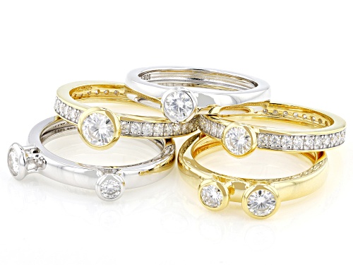 MOISSANITE FIRE® 3.16CTW DEW ROUND 14K YELLOW GOLD OVER SILVER AND PLATINEVE® SET OF FIVE RINGS - Size 6